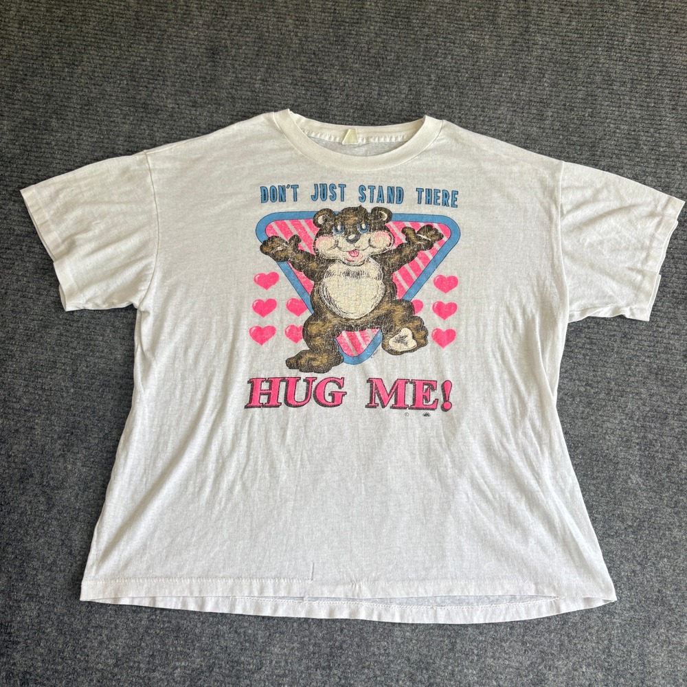 Vintage 80s Sportswear Hug Me Bear Graphic T-Shirt White Single Stitch Large